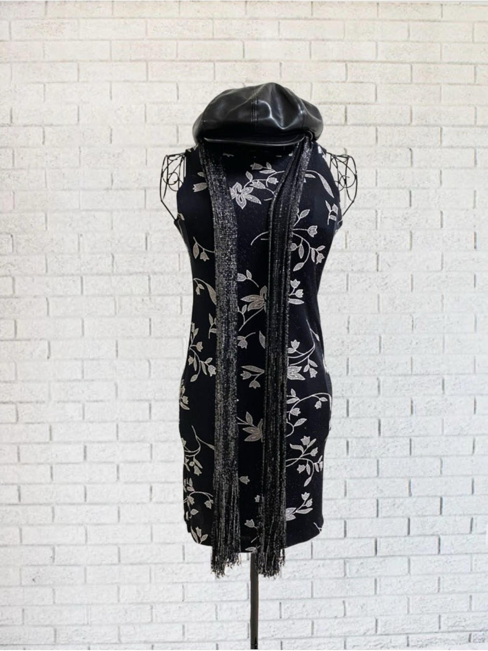 Floral Black Dress Sparkle Vintage 1990's 90's Women XS Slit Bodycon Sexy Summer